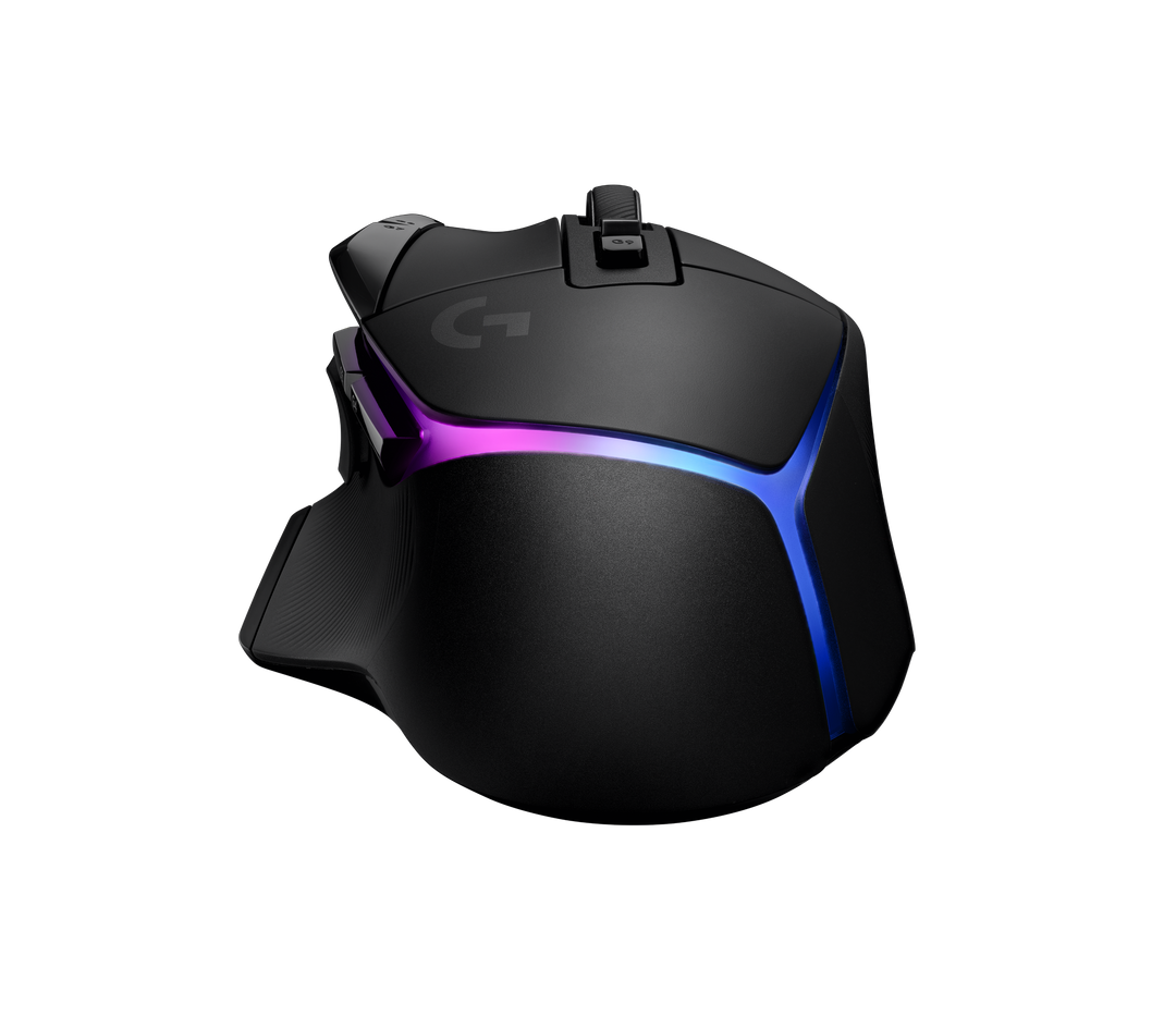 Logitech G502 X PLUS in Black from behind, showing the palm rest and the RGB light strip