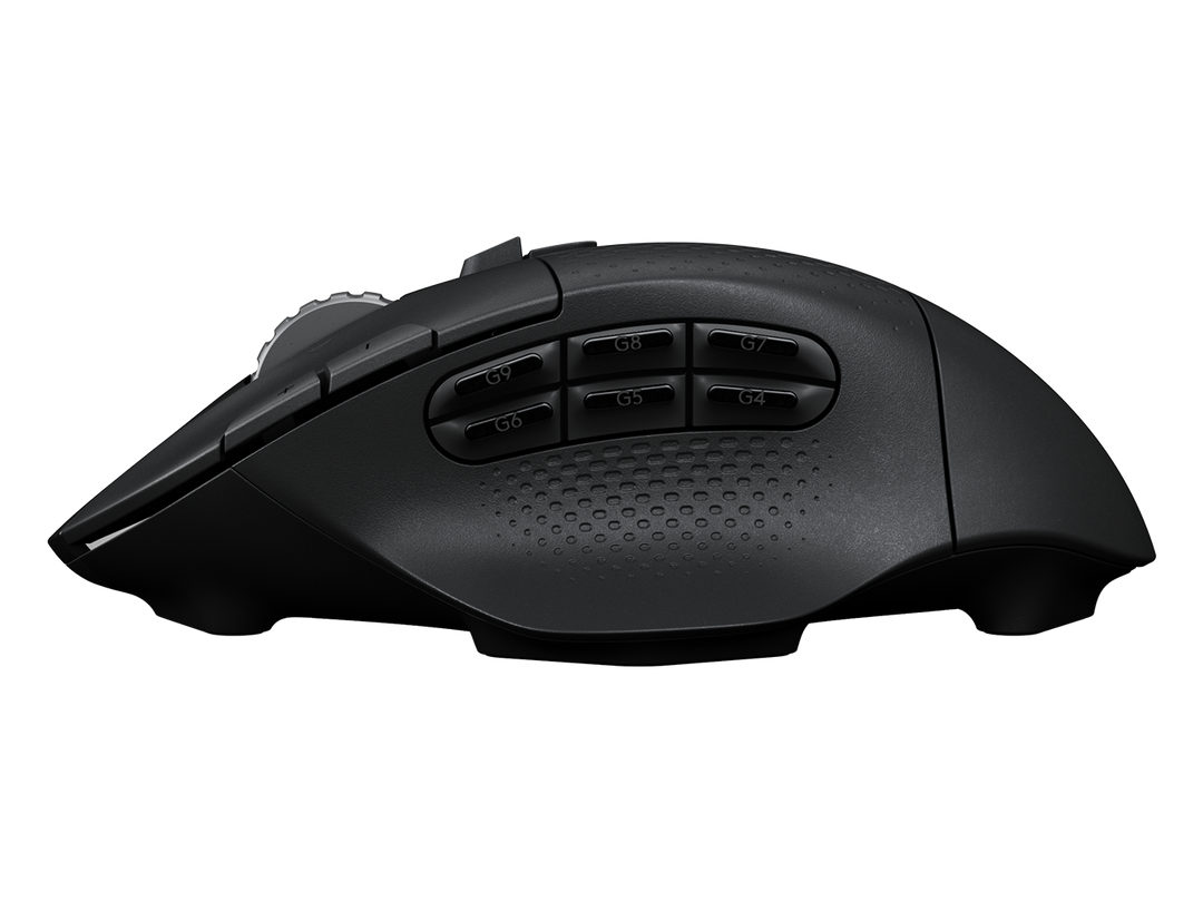 Logitech G604 Wireless Gaming Mouse in Black, left side profile showing the six programmable thumb buttons G4 to G9