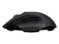 Logitech G604 Wireless Gaming Mouse in Black, left side profile showing the six programmable thumb buttons G4 to G9