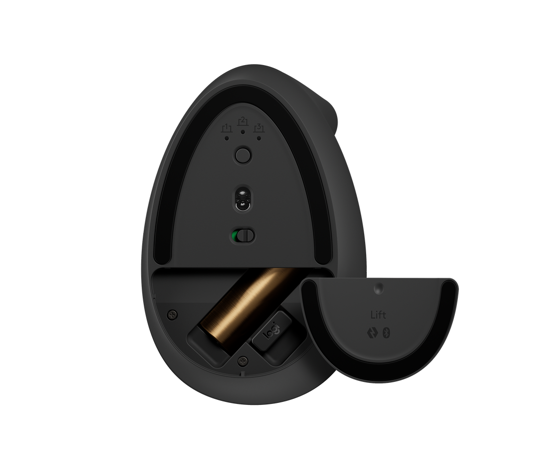 Underside of the Logitech Lift in Graphite with the battery door open, showing the AA battery, the stored Logi Bolt receiver and the power switch