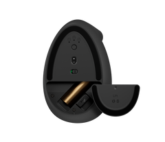 Underside of the Logitech Lift in Graphite with the battery door open, showing the AA battery, the stored Logi Bolt receiver and the power switch