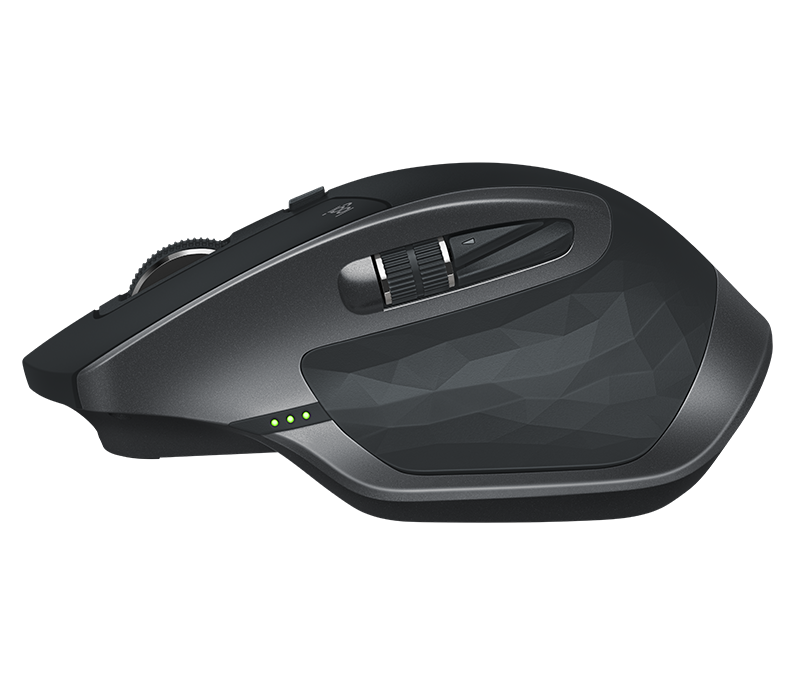 Left side profile of the Logitech MX Master 2S in Graphite with the thumb wheel, back and forward buttons and battery lights