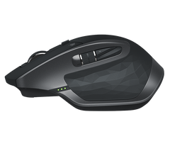Left side profile of the Logitech MX Master 2S in Graphite with the thumb wheel, back and forward buttons and battery lights