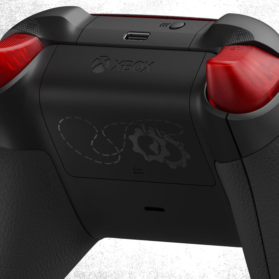 XBOX Wireless Controller Gears of War: E-Day Limited Edition, back close-up of the triggers, USB-C port and COG tag