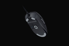 Underside of the Razer DeathAdder V3 in Black, showing the PTFE mouse feet and the Focus Pro optical sensor