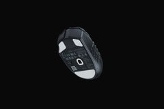 Underside of the Razer Naga V2 HyperSpeed in Black, showing the PTFE mouse feet, the optical sensor and the connection slider switch