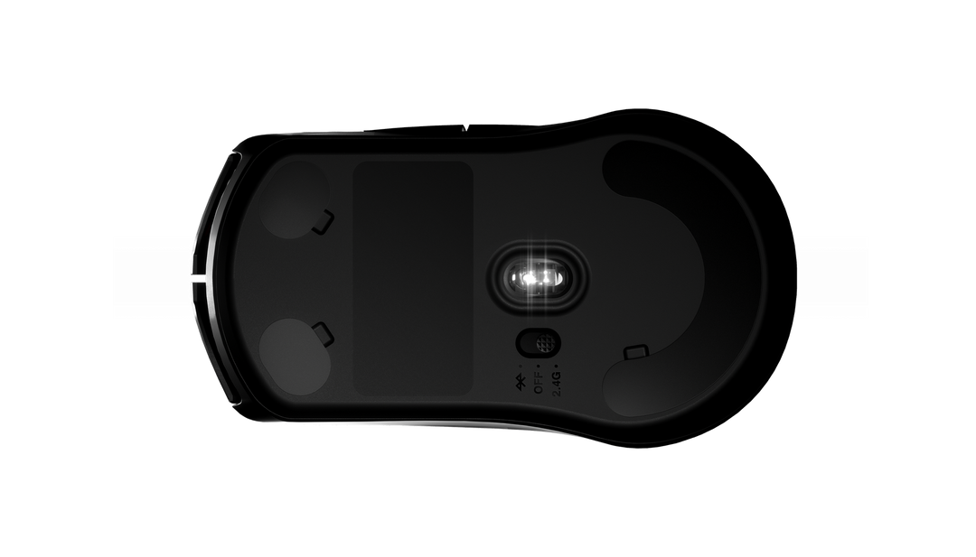 Underside of the SteelSeries Rival 3 Wireless in Black, showing the TrueMove Air sensor, the mouse feet and the 2.4 GHz, off and Bluetooth switch