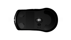 Underside of the SteelSeries Rival 3 Wireless in Black, showing the TrueMove Air sensor, the mouse feet and the 2.4 GHz, off and Bluetooth switch