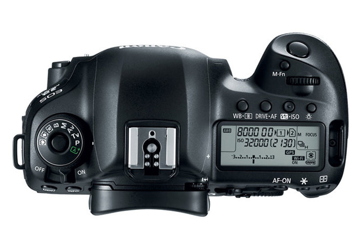 Canon EOS 5D Mark IV camera body, top plate showing the mode dial, status LCD, GPS and Wi-Fi indicators