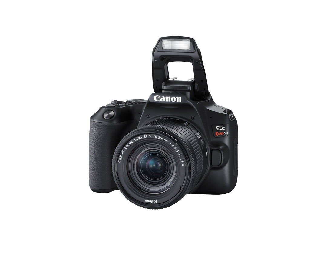 Canon EOS Rebel SL3 with the 18-55mm lens and the built-in flash raised