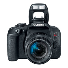 Canon EOS Rebel T7i with the 18-55mm lens and the built-in flash raised