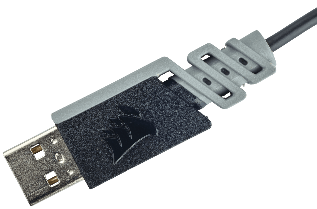 USB Type-A connector and cable tie of the Corsair HARPOON RGB PRO wired gaming mouse