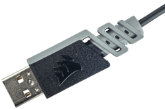 USB Type-A connector and cable tie of the Corsair HARPOON RGB PRO wired gaming mouse