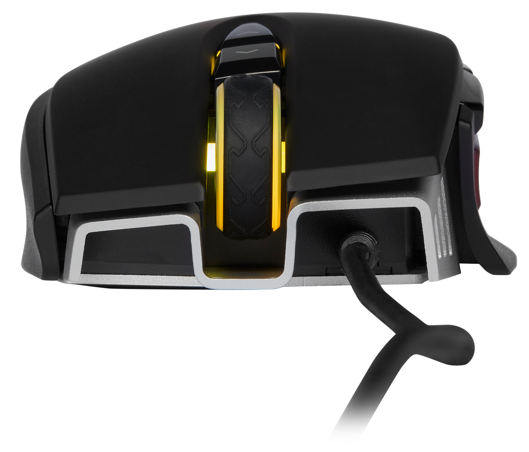 Front view of the Corsair M65 RGB ELITE in Black, showing the lit scroll wheel and the cable exit