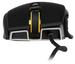 Front view of the Corsair M65 RGB ELITE in Black, showing the lit scroll wheel and the cable exit