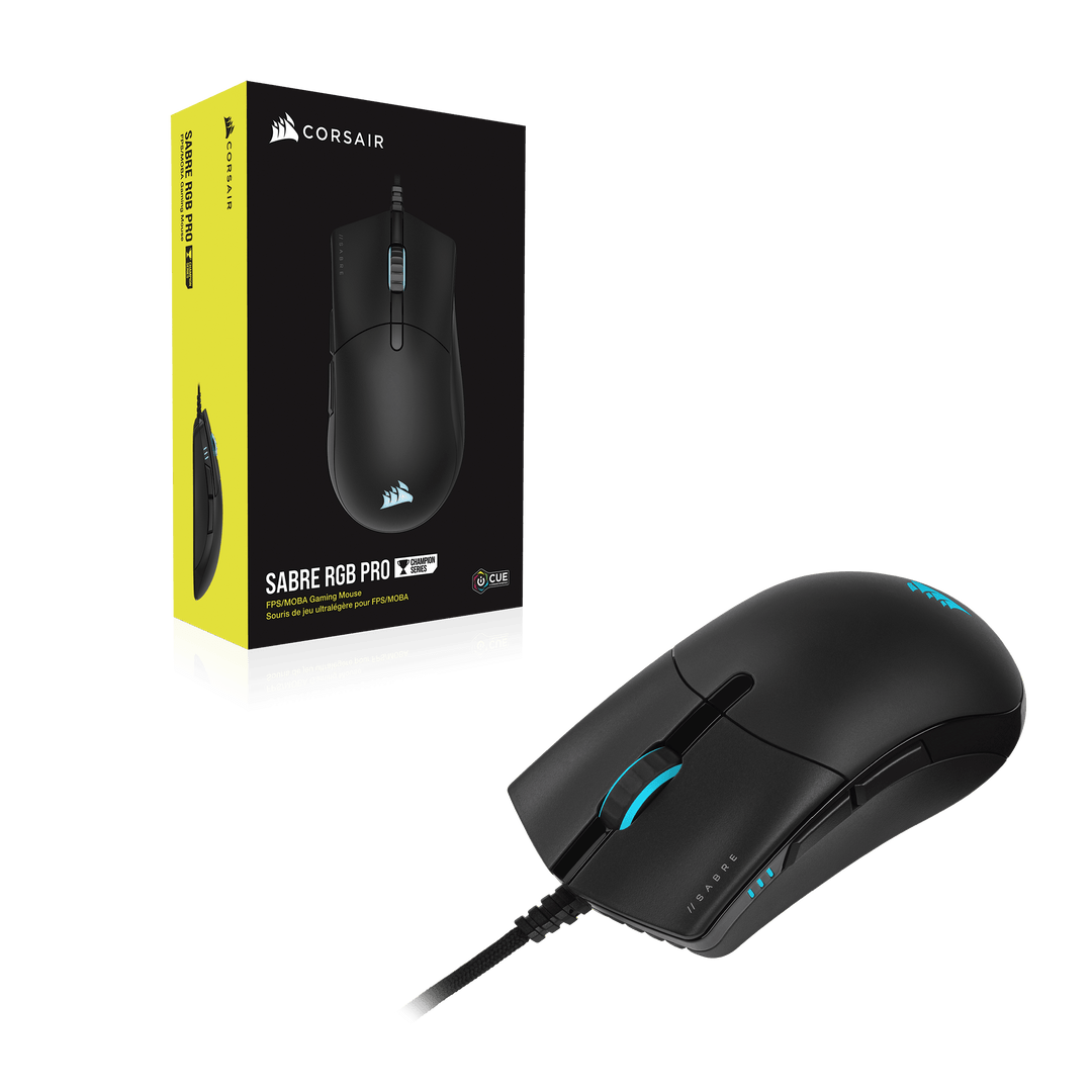 Corsair SABRE RGB PRO Champion Series retail box in black and yellow, standing next to the mouse in Black