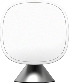 Close front view of one ecobee SmartSensor in white on its brushed steel stand