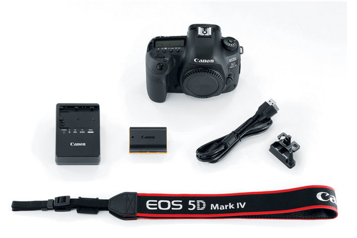 Canon EOS 5D Mark IV body kit on white: body with body cap, LP-E6N, LC-E6 charger, IFC-150U II, cable protector and wide strap