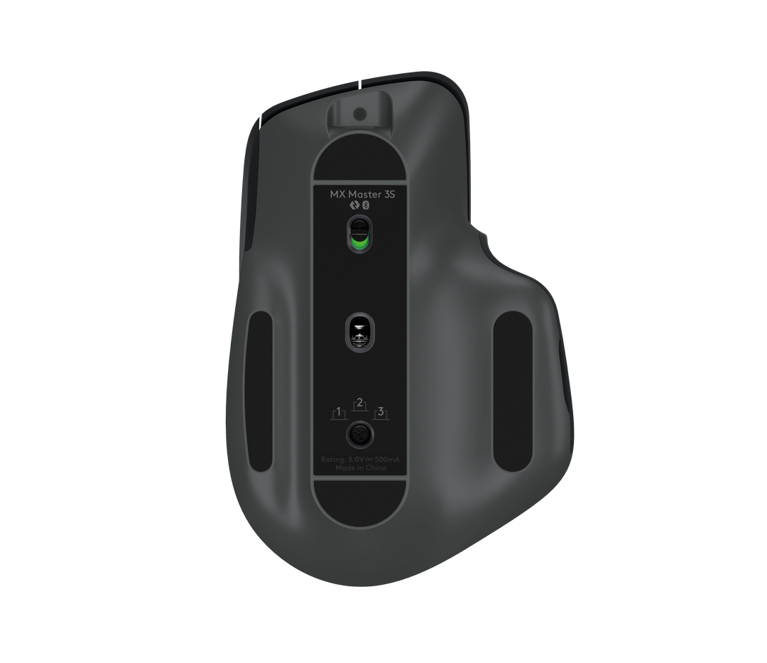 Underside of the Logitech MX Master 3S in Black, showing the sensor, power switch and Easy-Switch channel button