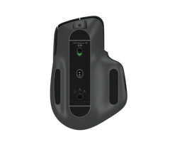Underside of the Logitech MX Master 3S in Black, showing the sensor, power switch and Easy-Switch channel button