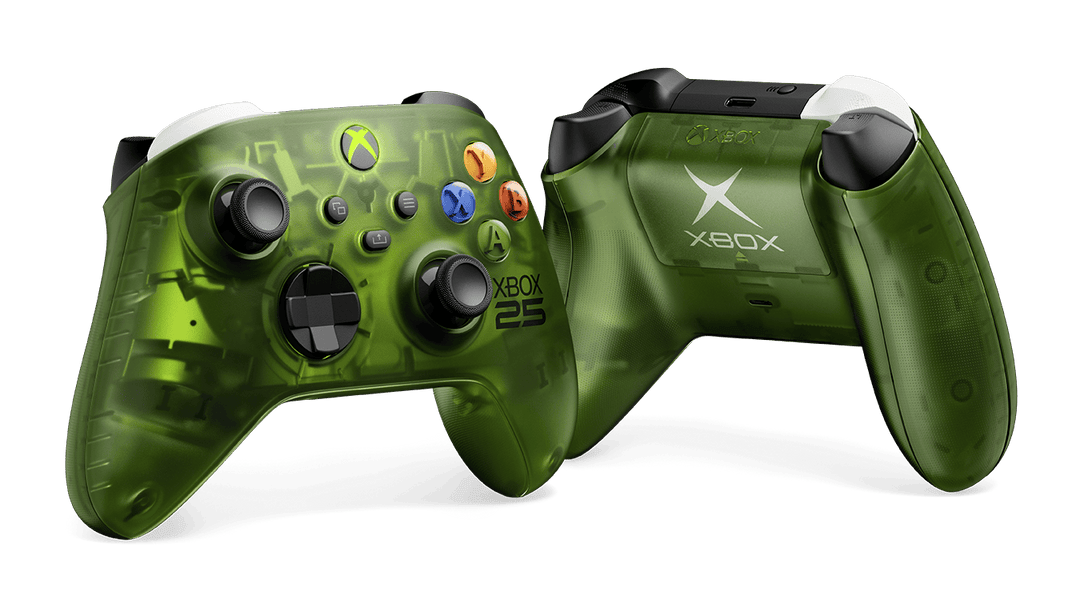 XBOX Wireless Controller X25 Special Edition, front and back, the see-through battery door with the classic XBOX logo