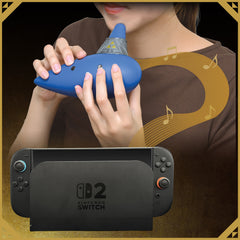 HORI Electric Ocarina of Time for Nintendo Switch 2, being played in front of a Nintendo Switch 2