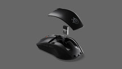 SteelSeries Rival 3 Wireless in Black with the top cover lifted off, showing where the USB wireless dongle stores inside the mouse