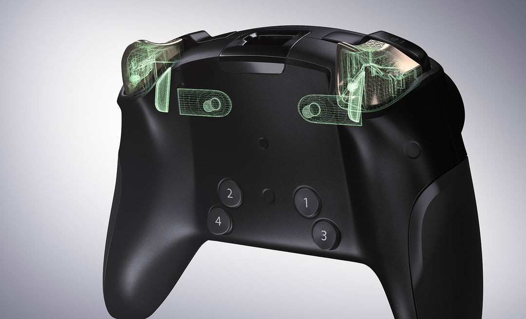Rear of the Thrustmaster eSwap X Pro controller in Black with the RT and LT trigger locks highlighted