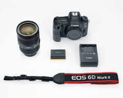 Canon EOS 6D Mark II kit contents: body, EF 24-105mm f/4L IS II USM lens, Battery Pack LP-E6N, Battery Charger LC-E6 and EOS 6D Mark II strap