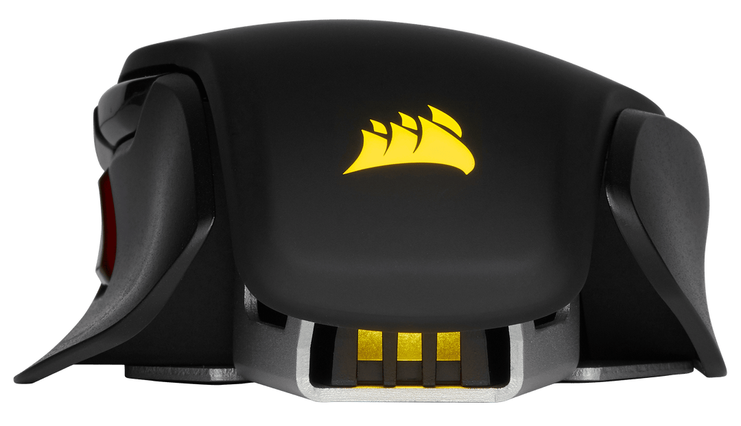 Rear view of the Corsair M65 RGB ELITE in Black, showing the lit Corsair logo on the palm rest