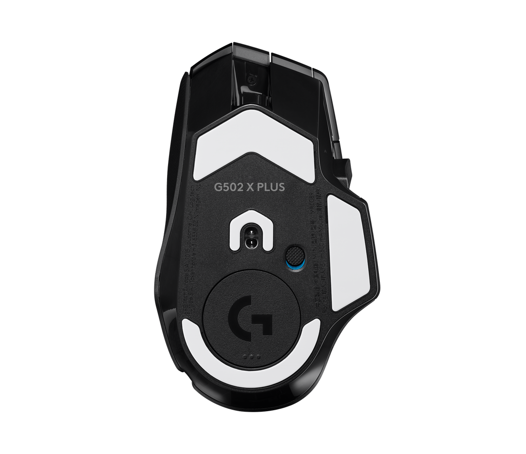 Underside of the Logitech G502 X PLUS in Black, showing the sensor, the low-friction feet and the round G cover