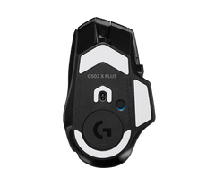 Underside of the Logitech G502 X PLUS in Black, showing the sensor, the low-friction feet and the round G cover