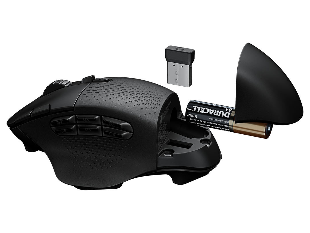 Logitech G604 Wireless Gaming Mouse in Black with the palm cover off, showing the AA battery and the LIGHTSPEED wireless receiver