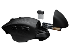 Logitech G604 Wireless Gaming Mouse in Black with the palm cover off, showing the AA battery and the LIGHTSPEED wireless receiver