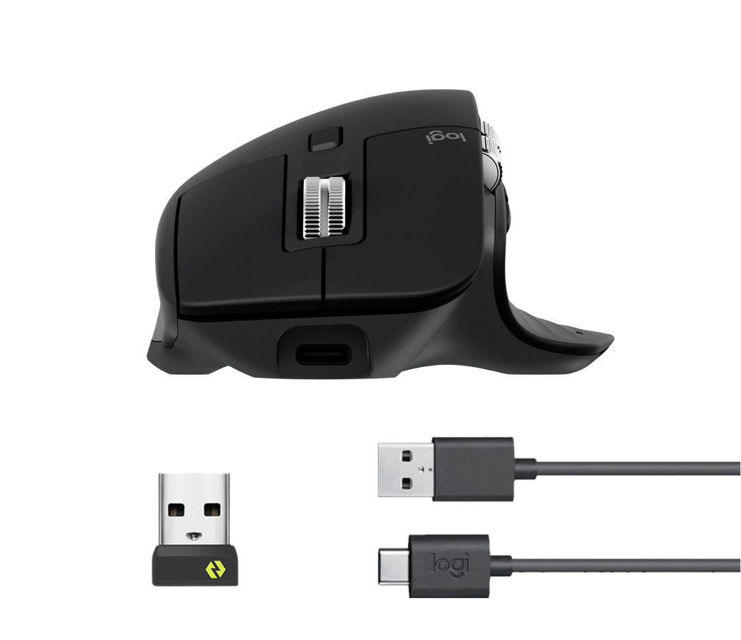 Logitech MX Master 3S in Black with what is in the box: the Logi Bolt USB receiver and the USB-A to USB-C charging cable