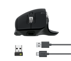 Logitech MX Master 3S in Black with what is in the box: the Logi Bolt USB receiver and the USB-A to USB-C charging cable