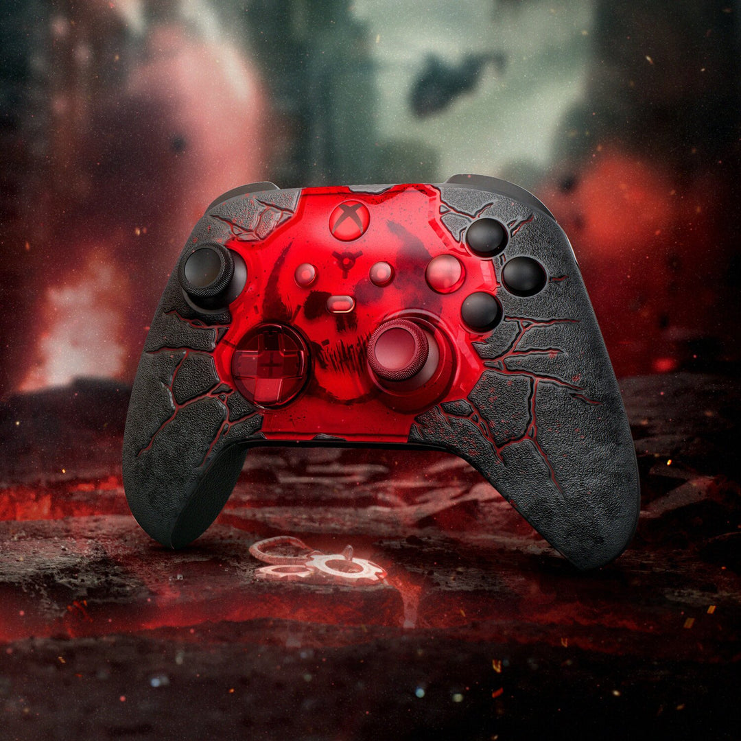 XBOX Wireless Controller Gears of War: E-Day Limited Edition on scorched ground, Microsoft key art
