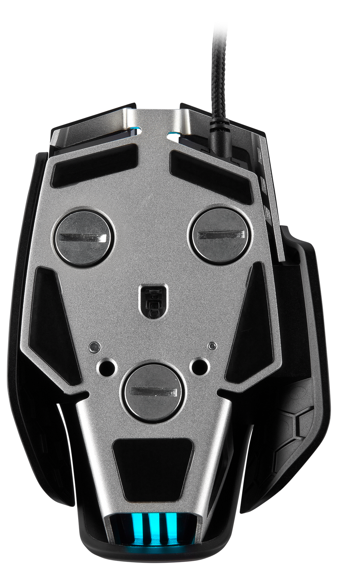 Underside of the Corsair M65 RGB ELITE in Black, showing the aluminum base, three weight screws, optical sensor and PTFE glide pads