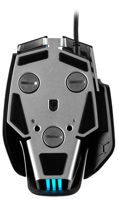 Underside of the Corsair M65 RGB ELITE in Black, showing the aluminum base, three weight screws, optical sensor and PTFE glide pads