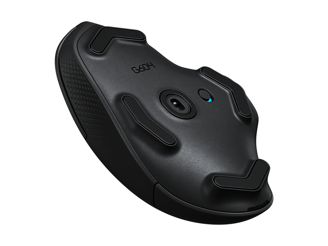 Underside of the Logitech G604 Wireless Gaming Mouse in Black, showing the HERO sensor and the PTFE feet
