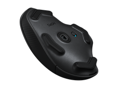 Underside of the Logitech G604 Wireless Gaming Mouse in Black, showing the HERO sensor and the PTFE feet