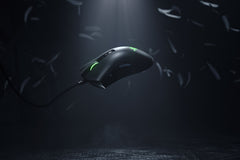 Razer DeathAdder V2 in Black floating in the air on a dark background, showing its right-handed side profile