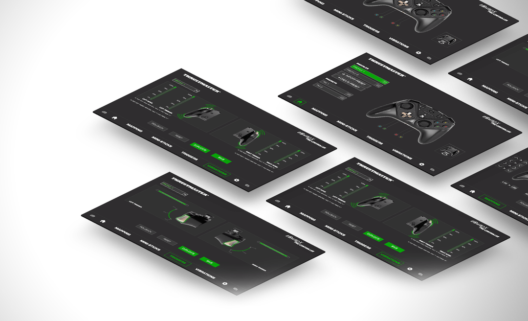 ThrustmapperX software screens for the Thrustmaster eSwap X Pro controller, showing mapping and sensitivity settings