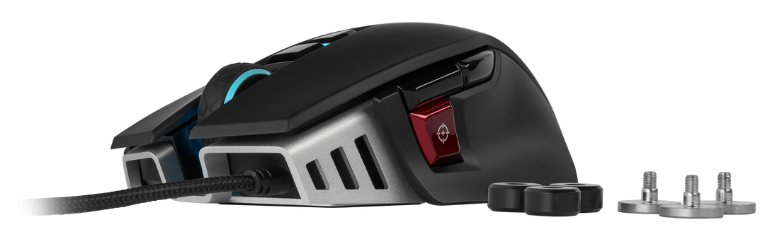 Corsair M65 RGB ELITE in Black from the left side, with its tuning weights and screws removed beside it