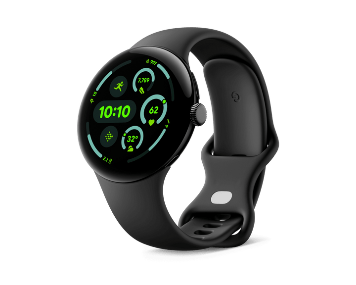 Google Pixel Watch 3 LTE 45mm in Matte Black aluminum with Obsidian Active Band, angled front view showing the domed Actua display