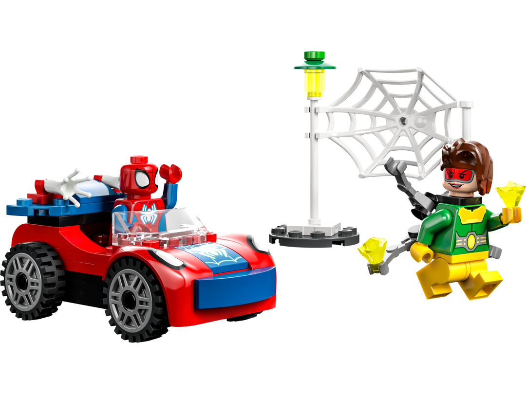 Built Spider-Man's car with Spidey driving, Doc Ock, glow-in-the-dark web element and lamppost on white