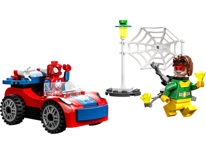 Built Spider-Man's car with Spidey driving, Doc Ock, glow-in-the-dark web element and lamppost on white