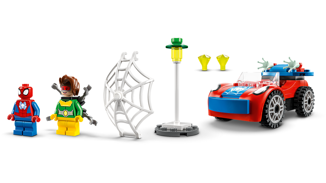All set components laid out: car, Spidey and Doc Ock minifigures, web elements, lamppost and diamonds
