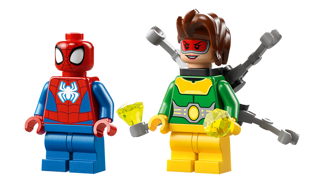 Spidey and Doc Ock minifigures close-up with trans-yellow diamond elements