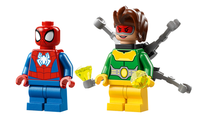 Spidey and Doc Ock minifigures close-up with trans-yellow diamond elements